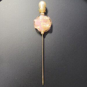 Vintage Pink & Gold Venetian Italy Art Glass Stick Hat Pin